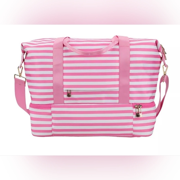 Bioworld Hello Kitty Pink and White Striped Duffle Bag 17.75"x14.5"×8"D - Picture 2 of 12
